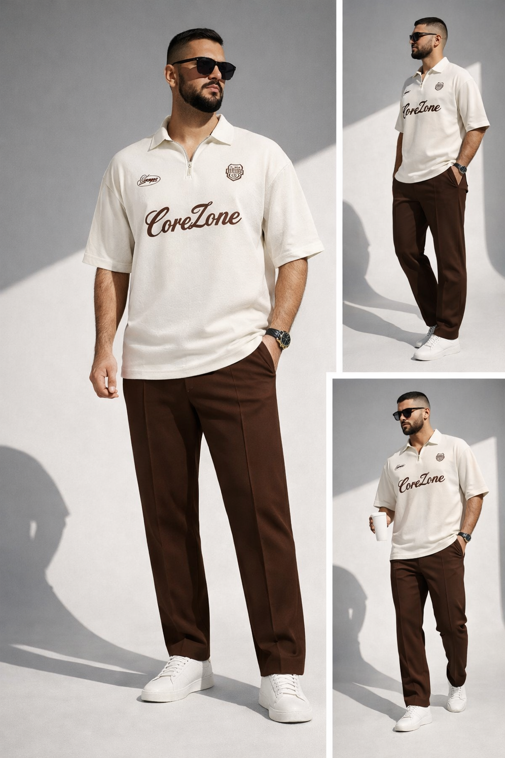 MENS ZIPPER CORE ZONE POLO CORD SET| OFF WHITE BROWN