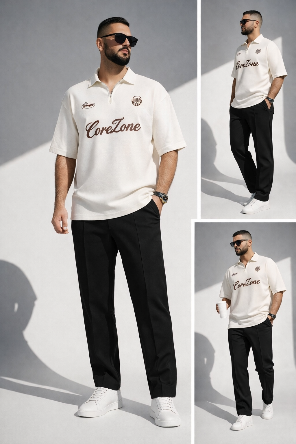 MENS ZIPPER CORE ZONE POLO CORD SET| WHITE BLACK